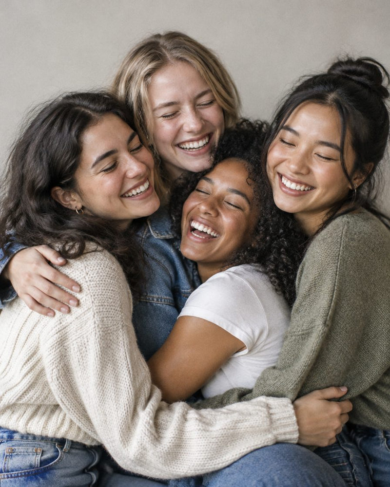 Four women hugging and laughing