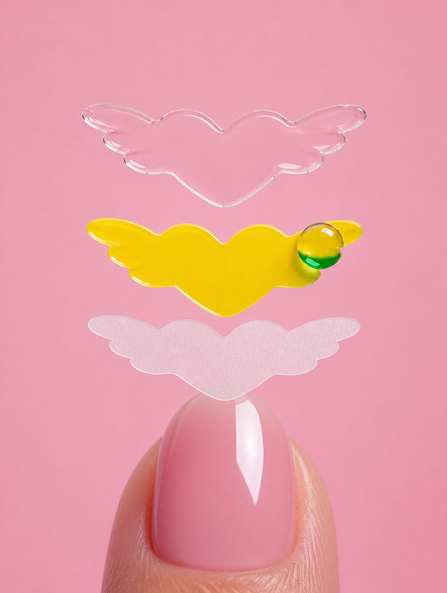 Exploded view of a Wingbabe sticker: clear top coat, yellow indicator film, adhesive base, above a nail